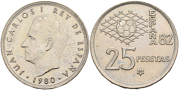 Испания 25 песет 1980 (80), Хуан Карлос I, чемпионат мира по футболу Испания 82 KM 818 медно-никель UNC 4144-223