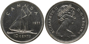 Канада 10 центов 1977 Елизавета II (1952-2022), парусник KM 77.1 никель UNC 218-764