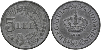 РУМЫНИЯ 5 ЛЕЙ 1942 МИХАЙ I (1940-1947), ВТОРАЯ МИРОВАЯ ВОЙНА KM 61 цинк 72-1514
