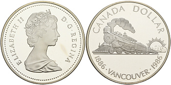 Канада 1 доллар 1986 100 лет Ванкуверу, паровоз KM 149 серебро PROOF 1076-2-14