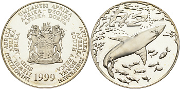 ЮАР 2 ранда 1999 большая белая акула KM 220 серебро  PROOF  11-170-21
