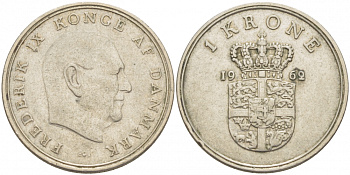 ДАНИЯ 1 КРОНА 1962 C; S, ФРЕДЕРИК IX (1947-1972) KM 851.1 медно-никель 86-654