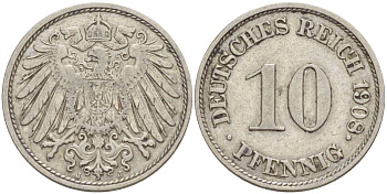 Германия 10 пфеннигов 1908 J KM 12, Jager 13, Weege 8 медно-никель 219-144