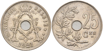 БЕЛЬГИЯ 25 САНТИМОВ 1921 BELGIE KM 69 медно-никель 63-1143