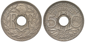 Франция 5 сантимов 1920 3 гр. KM 865, Le Franc 121.4 медно-никель 4128-126