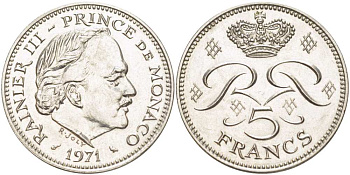 Монако 5 франков 1971 Ренье III (1949-2005) KM 150 медно-никель плакированный никелем XF 4517-322