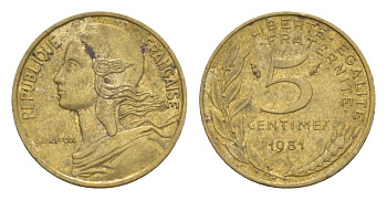 Франция 5 сантимов 1981 тип Morlon KM 933, Le Franc 125.17 алюминиевая бронза 4630-336