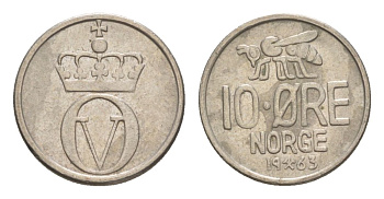 Норвегия 10 эре 1963 Улаф V (1957-1991) KM 411 медно-никель aUNC 4632-1149