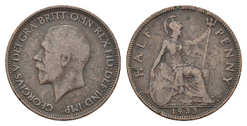 Великобритания 1/2 пенни 1933 Георг V (1910-1936) KM 837, Spink 4058 бронза    4660-554