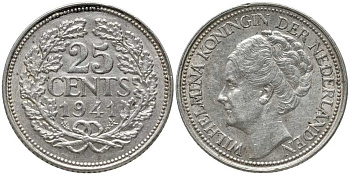 НИДЕРЛАНДЫ 25 ЦЕНТОВ 1941 ВИЛЬГЕЛЬМИНА I (1890-1948) КМ 164 серебро 202-553