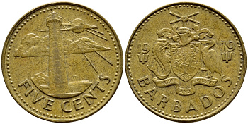 Барбадос 5 центов 1979 маяк Саут-Пойнт KM 11 латунь 4398-514