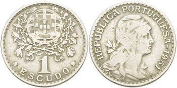 ПОРТУГАЛИЯ 1 ЭСКУДО 1951 ГОЛОВА СВОБОДЫ ВПРАВО KM 578 медно-никель 4517-432
