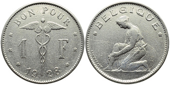 БЕЛЬГИЯ 1 ФРАНК 1928 BELGIQUE KM 89 никель 23-942