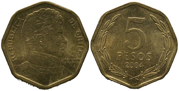 Чили 5 песо 2004 So KM 232, Schon 81 алюминиевая бронза aUNC 4387-1014