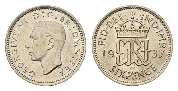 Великобритания 6 пенсов 1937 Георг VI (1936-1952) KM 852, Spink 4084 серебро UNC 270-1433