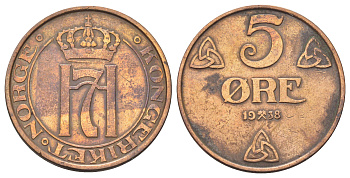 Норвегия 5 эре 1938 Хокон VII (1905-1957) KM 368 бронза 4700-741