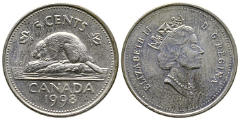 КАНАДА 5 ЦЕНТОВ 1998 ЕЛИЗАВЕТА II, БОБЕР KM 182 медно-никель 4364-2642