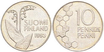 ФИНЛЯНДИЯ 10 ПЕННИ 1993 М, ЛАНДЫШ KM 65 медно-никель 4547-236