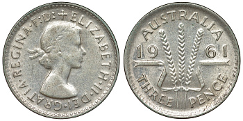 Австралия 3 пенса 1961 m, Елизавета II (1952-2022) KM 57 серебро 71-715