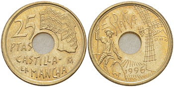 ИСПАНИЯ 25 ПЕСЕТ 1996 КАСТИЛЬЯ - ЛА МАНЧА - ДОН КИХОТ, ХУАН КАРЛОС I ( 1975-) KM 962 медь цинк никель 216-457