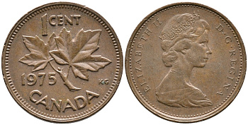 Канада 1 цент 1975 Елизавета II (1952-2022), кленовый лист KM 59.1 бронза 4528-741