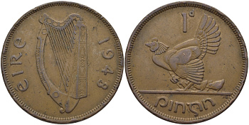 ИРЛАНДИЯ 1 ПЕННИ 1948 КУРИЦА С ЦЫПЛЯТАМИ KM 11 бронза 97-944