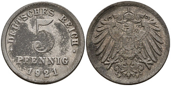 Германия 5 пфеннигов 1921 F KM 19, J. 297 железо 4151-642