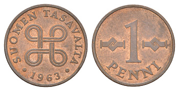 Финляндия 1 пенни 1963 KM 44 медь aUNC 4627-1024