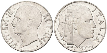 ИТАЛИЯ 20 ЧЕНТЕЗИМО 1941 R, ГОД XIX, ВИКТОР ЭММАНУИЛ III (1900-1946) KM 75b, VEM3. 1028 нержавеющая сталь 3853-1031