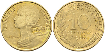 Франция 10 сантимов 1966 тип Марианна KM 929 медь алюминий никель    4594-1154