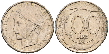 Италия 100 лир 1993 R KM 159 медно-никель 92-342