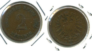 ГЕРМАНИЯ 2 ПФЕННИГА 1875 E, СТАРОГЕРБОВКА KM 2, J.2 медь 701-421