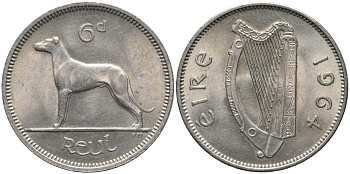 ИРЛАНДИЯ 6 ПЕНСОВ 1964 ИРЛАНДСКИЙ ВОЛКОДАВ KM 13а медно-никель UNC 4387-1113