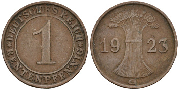 Германия 1 рентенпфенниг 1923 G KM 30, J. 306 бронза 4516-1067