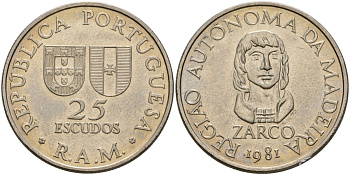 Португалия, Мадейра 25 эскудо 1981 Жуан Гонсалвиш Зарку KM 4 медно-никель 4587-1246