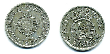 Португальский Мозамбик 20 эскудо 1960 год тип KM 80 серебро 37-531