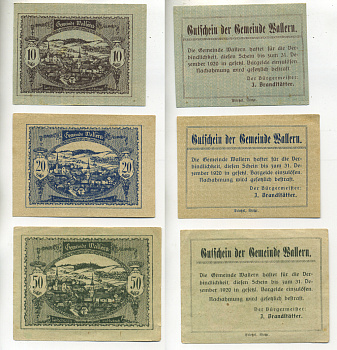 АВСТРИЯ НАБОР ИЗ 3 БАНКНОТ 1920 7 ИЮНЯ 1920-31 ДЕКАБРЯ 1920, НОТГЕЛЬД, 10, 20, 60 ГЕЛЛЕРОВ, VALDKIRCHEN a. W. бумага XF 6280-29-1