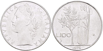 ИТАЛИЯ 100 ЛИР 1974 R, АФИНА KM 96.1 нержавеющая сталь 4526-325
