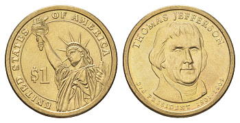 США 1 доллар 2007 D, Президент США - Томас Джеферсон (1801-1809) KM 403 медь с марганцево-латунным покрытием UNC 4629-235