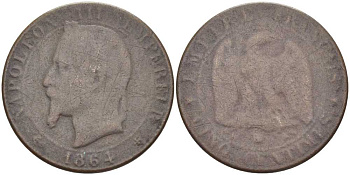 ФРАНЦИЯ 5 САНТИМОВ 1864 ВВ, НАПОЛЕОН III (1852-1870) KM 798.2, LE FRANC 134.12 бронза 175-314