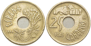 ИСПАНИЯ 25 ПЕСЕТ 1994 КАНАРСКИЕ ОСТРОВА (CANARIAS), ХУАН КАРЛОС I (1975-) KM 933 никель бронза 117-212