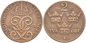 Швеция 2 эре 1939 Густав V (1907-1950) KM 778 бронза 119-1023