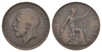 Великобритания 1 пенни 1919 H, Георг V (1910-1936) KM 810, Spink 4052 бронза 114-534