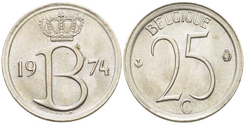 БЕЛЬГИЯ 25 САНТИМОВ 1974 BELGIQUE KM 153.1 медно-никель 206-111