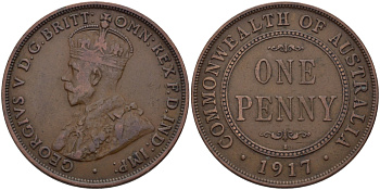 АВСТРАЛИЯ 1 ПЕННИ 1917 ГЕОРГ V KM 23 бронза 82-712