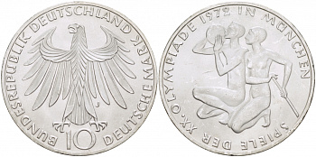 ФРГ 10 марок 1972 J, XX летние Олимпийские Игры, Мюнхен 1972, спортсмены KM 132, J. 403 серебро UNC 4127-122