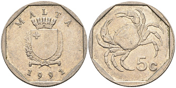 Мальта 5 центов 1991 краб KM 95 медно-никель 4588-112