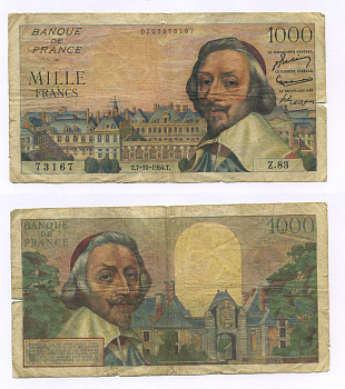 ФРАНЦИЯ 1000 ФРАНКОВ 1954 7 ОКТЯБРЯ 1954, КАРДИНАЛ РИШЕЛЬЕ Pick 134а бумага 7146-12-3-1