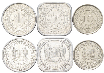 Суринам годовой набор из 3 монет (1, 5 и 10 центов) 1978 KM 11a, 12a и 13 UNC 00-00