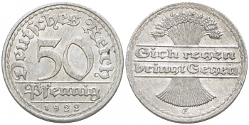 ГЕРМАНИЯ 50 ПФЕННИГОВ 1922 FG KM 27, J. 301, Weege 10 алюминий 77-624